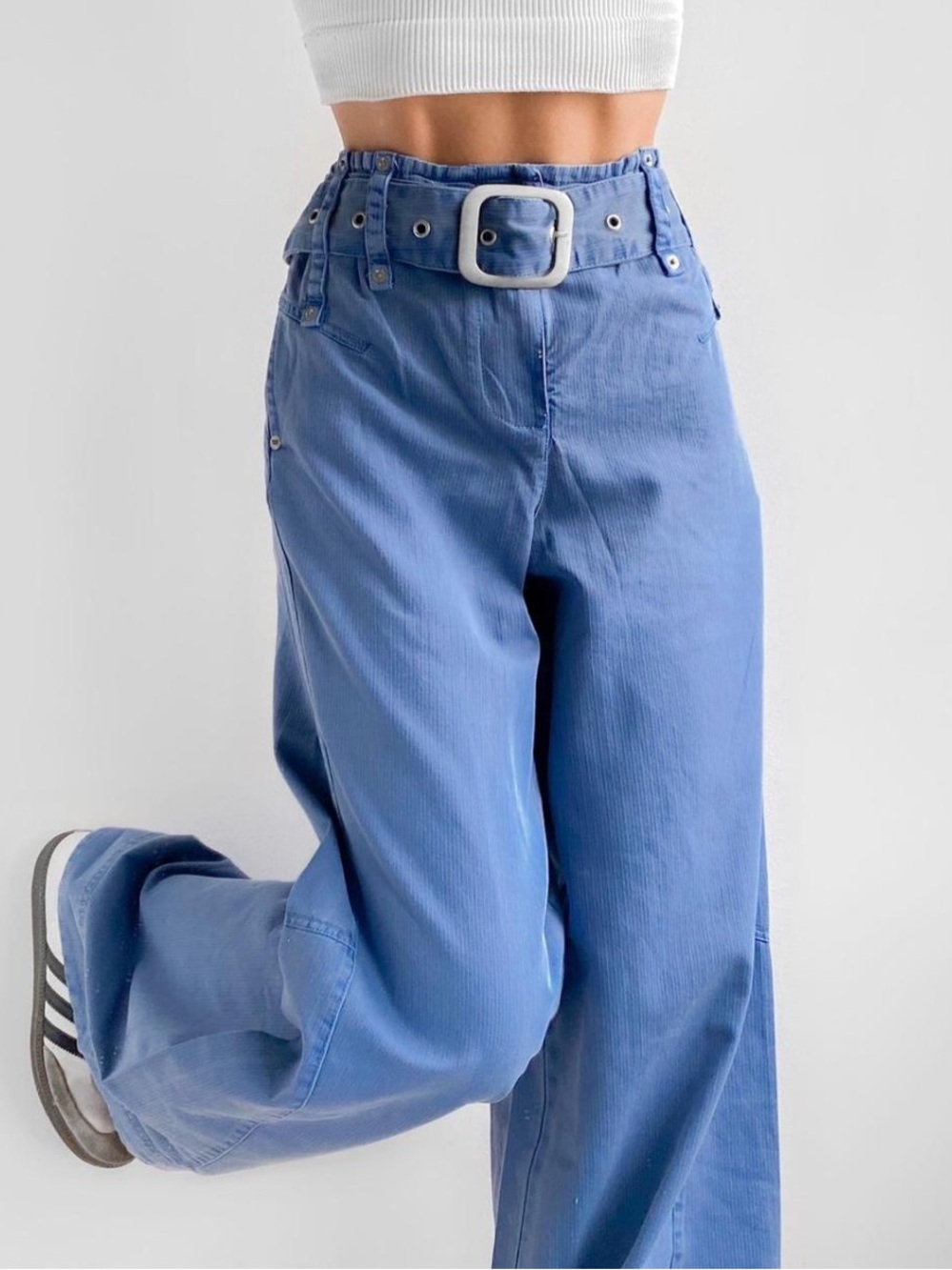 Free People Belted Boyfriend Wide Leg Blue Cotton Pants M NWOT